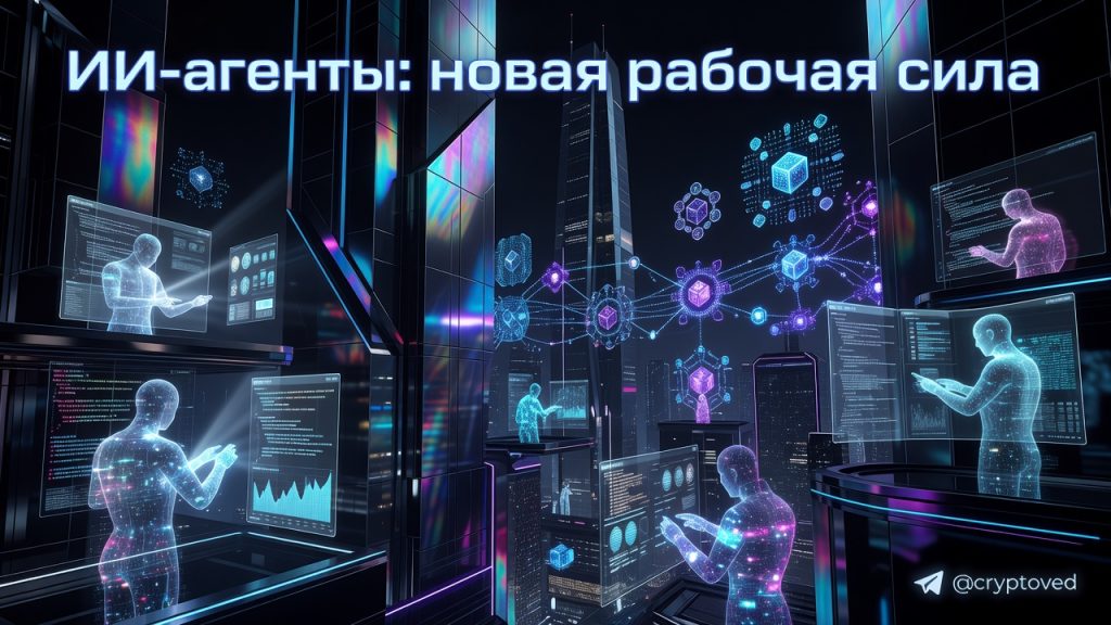 Футуристический город с голографическими ИИ-агентами, работающими на виртуальных экранах, символы блокчейна в фоне, неоновое освещение