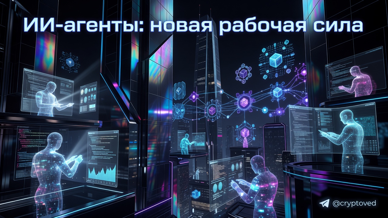 Футуристический город с голографическими ИИ-агентами, работающими на виртуальных экранах, символы блокчейна в фоне, неоновое освещение