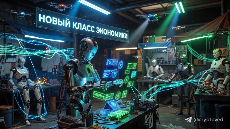 Изображение гуманоидного робота, участвующего в машинной экономике: робот на фоне цифровых транзакций и других машин, олицетворяет параллельный физический рынок.