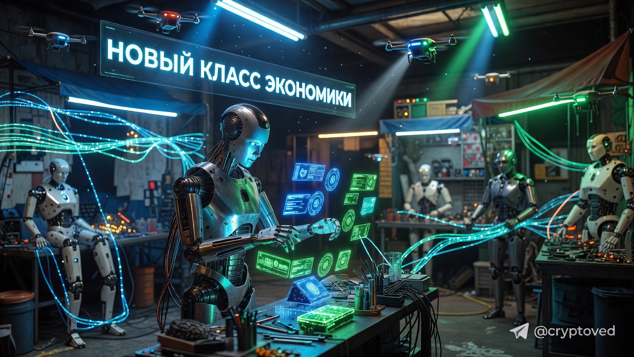 Главная страница 5 Изображение гуманоидного робота, участвующего в машинной экономике: робот на фоне цифровых транзакций и других машин, олицетворяет параллельный физический рынок.